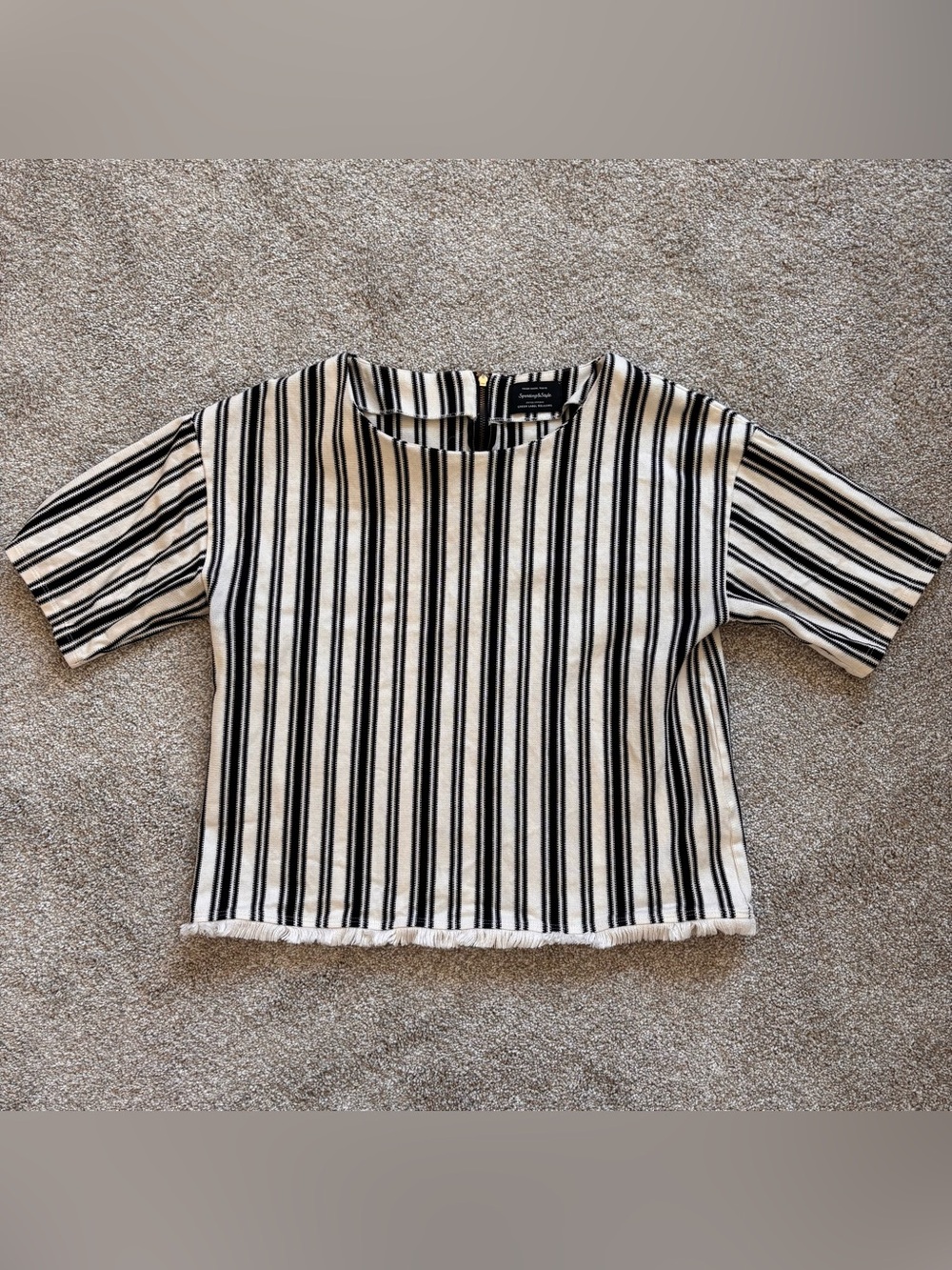 Striped Fringe Hem Top - Black & Cream